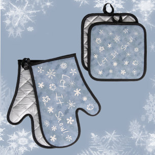 Let It Snow Fun Playful Snowflakes Light Blue Oven Mitt & Pot Holder Set
