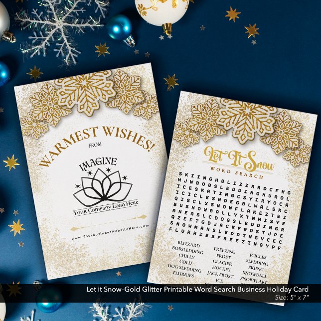 Let it Snow–Gold Printable Business Word Search Holiday Card (Let it Snow–Gold Glitter Printable Holiday Word Search–Business Promotional Piece.)