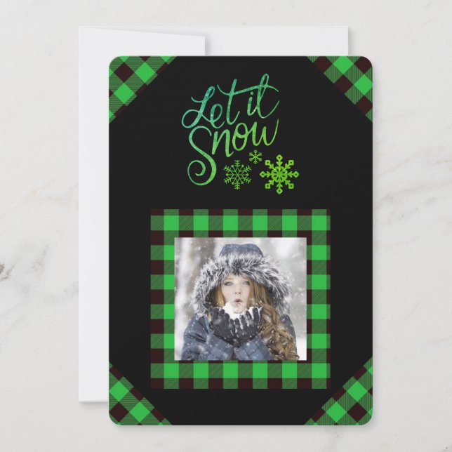 Let it Snow Green Buffalo Check Photo Holiday Card (Front)