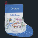 Let it Snow Happy Snowman Family Blue  Large Christmas Stocking<br><div class="desc">Personalized Christmas Stocking with Let it Snow snowman scene on blue and snow background. This cute watercolor design features a happy family of snowmen and christmas trees and you can personalize with a name.</div>