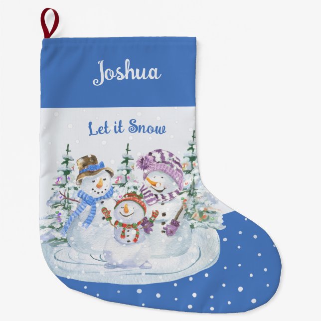 Let it Snow Happy Snowman Family Blue  Large Christmas Stocking (Front)