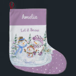 Let it Snow Happy Snowman Family Lavender Large Christmas Stocking<br><div class="desc">Personalized Christmas Stocking with Let it Snow snowman scene on lavender and snow background. This cute watercolor design features a happy family of snowmen and christmas trees and you can personalize with a name.</div>