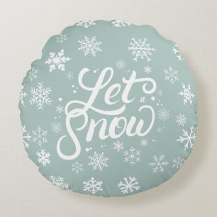 Let It Snow Mint Green White Snowflakes Holiday Round Pillow