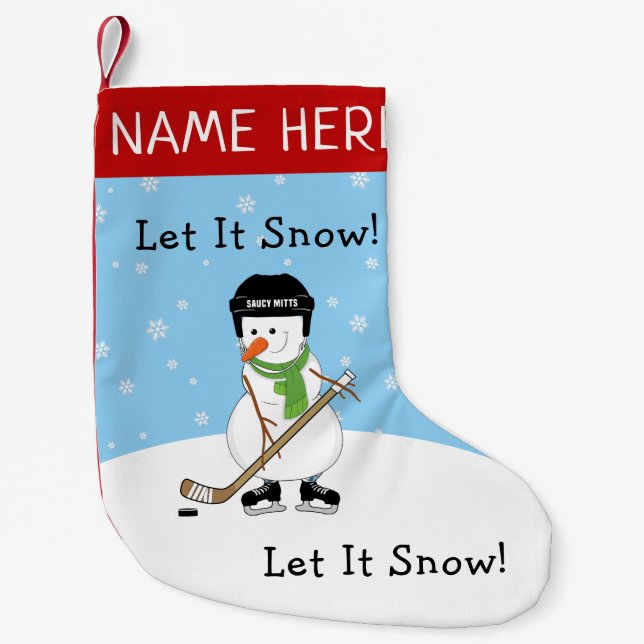 Let it Snow Personalized Hockey Snowman Small Christmas Stocking (Front)
