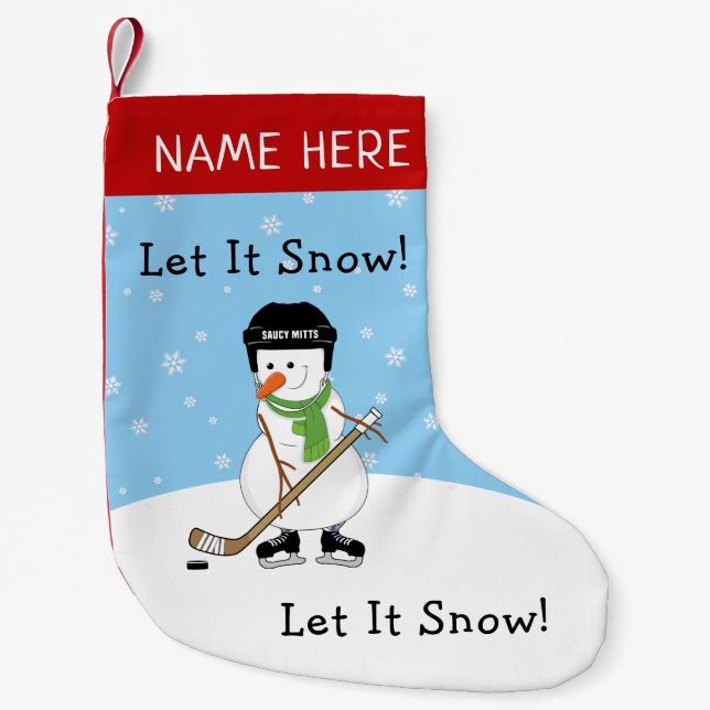 Let it Snow Personalized Hockey Snowman Small Christmas Stocking (Front)