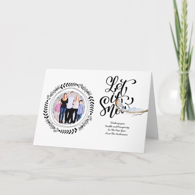 LET IT SNOW PHOTO Xmas Card Modern Robin (Front)