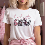 Let It Snow Pink Cute Snowman Christmas T-Shirt<br><div class="desc">Embrace the festive season with this charming 'Let It Snow' Christmas T-shirt! Featuring a playful snowman dressed in cozy winter attire wearing a pink hat and a leopard print scarf, and surrounded by leopard print letters, this tee is perfect for spreading holiday cheer. The combination of pink and leopard print...</div>