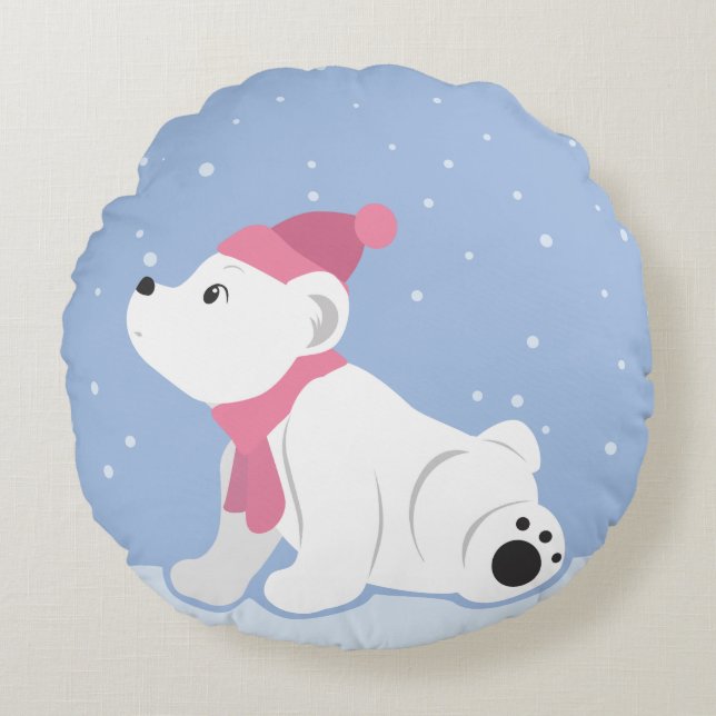 Let It Snow! (Polar Bear Cub) Round Pillow (Front)
