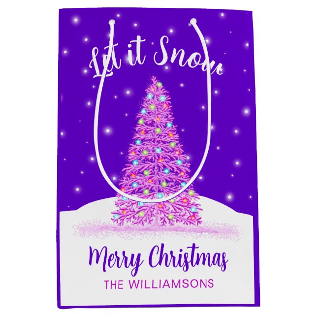 Let it Snow Purple Christmas Tree Holiday Medium Gift Bag (Front)