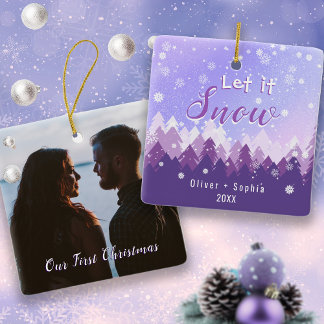 Let it Snow Purple Snow Forest Merry Christmas Ceramic Ornament