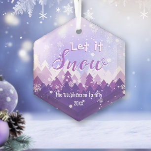 Let it Snow Purple Snow Forest Merry Christmas Glass Ornament