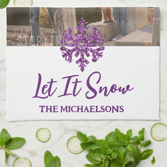 Let It Snow Purple Snowflake Kitchen Towel (Folded)