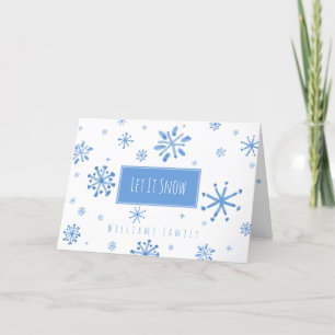 Let it Snow Quote Blue Snowflakes Family Name Holiday Card