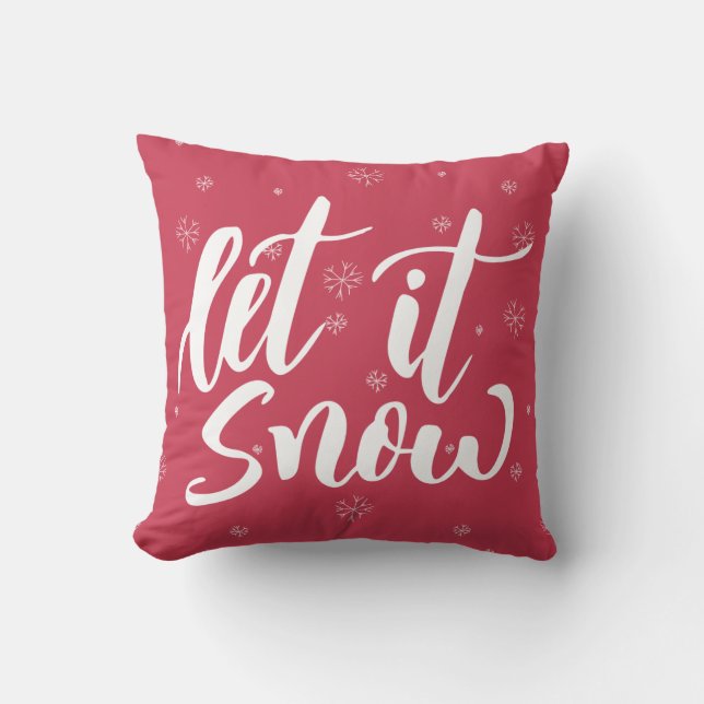 Let it Snow Red and White Snowflakes Calligraphy Throw Pillow (Front)