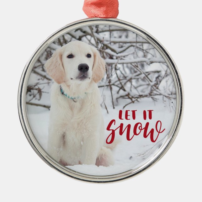 Let it Snow Red Handwritten Overlay Photo Metal Ornament (Front)