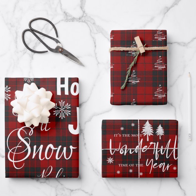 Let It Snow Red Plaid Merry Christmas Quote Gift Wrapping Paper Sheet (Front)