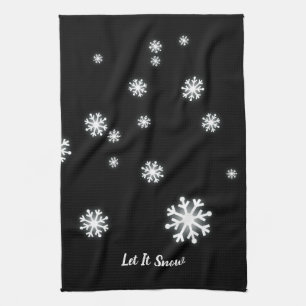 Let It Snow Snowflakes on Black Holiday  Kitchen Towel