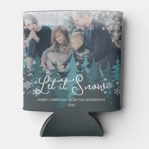 Let It Snow Snowflakes Pine Tree Christmas Photo Can Cooler