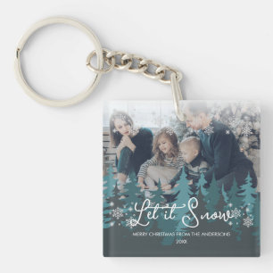 Let It Snow Snowflakes Pine Tree Christmas Photo Keychain