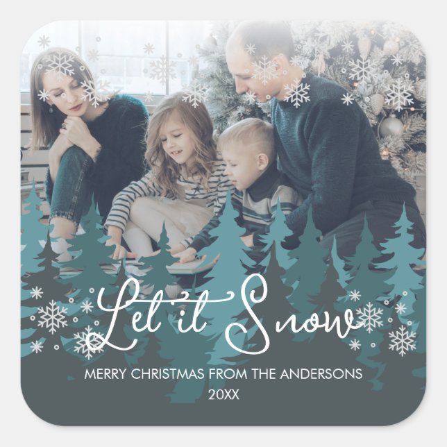 Let It Snow | Snowflakes Pine Tree Christmas Photo Square Sticker (Front)