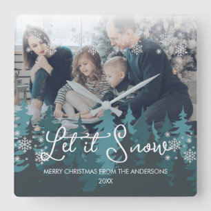 Let It Snow Snowflakes Pine Tree Christmas Photo Square Wall Clock