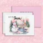 Let it Snow Snowman Christmas Holiday<br><div class="desc">Cute pink snowman with a backdrop of snow-covered mountains and an old church Christmas/holiday greeting card.  Custom text says,  "Let it snow." Personalize with your family name and any other text you choose.</div>