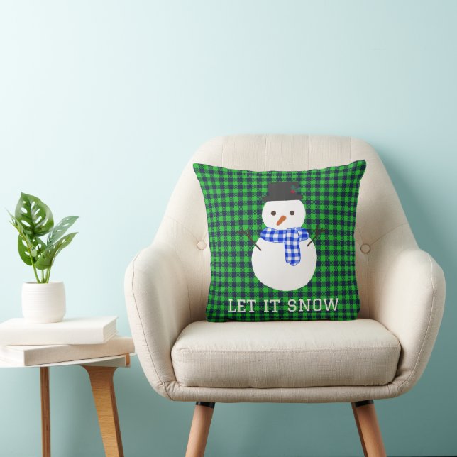 Let It Snow Snowman Green Plaid Throw Pillow (Chair)