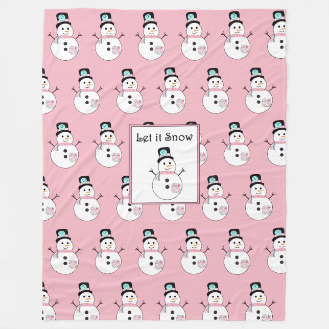 Let it Snow Snowman Pink Christmas Fleece Blanket (Front)