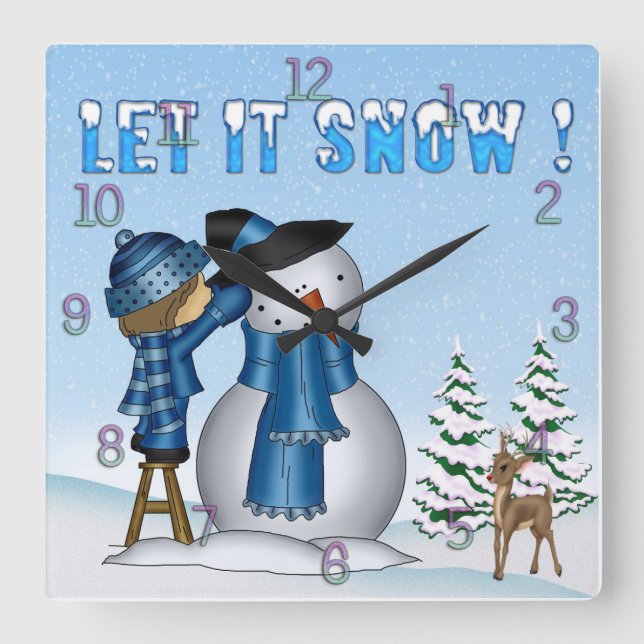 Let It Snow Snowman Square Wall Clock (Front)