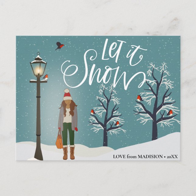 Let It Snow | Snowy Scenery With Winter Bird Holiday Postcard (Front)