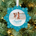 Let It Snow Somewhere Else Modern Vacation Photo Ornament Card<br><div class="desc">“Let it snow (somewhere else).” A fun, humourous quote with playful, whimsical turquoise typography, faux gold foil snowflakes, and your personal message/name/year overlay the photo of your choice. A faux gold snowflake pattern and your personal message in white overlay turquoise blue on the back. Usher in the holiday season, as...</div>