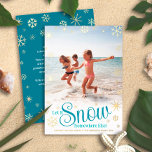 Let It Snow Somewhere Else Travel Photo Real Gold Foil Holiday Card<br><div class="desc">“Let it snow (somewhere else).” A fun, humourous quote with playful, whimsical turquoise typography, real gold foil snowflakes, and your personal message/name/year in real gold foil overlay the photo of your choice. A faux gold snowflake pattern and your personal message in white overlay turquoise blue on the back. Choose from...</div>
