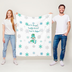 Let It Snow Teal Snowflakes and Snowman Christmas Fleece Blanket