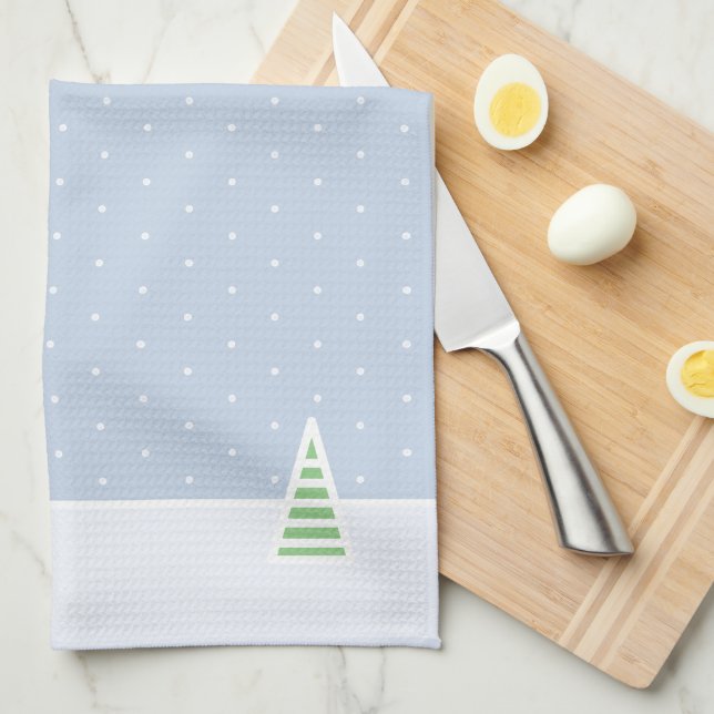 Let It Snow Tiny Winter Tree Ice Blue Polka Dots Kitchen Towel (Quarter Fold)