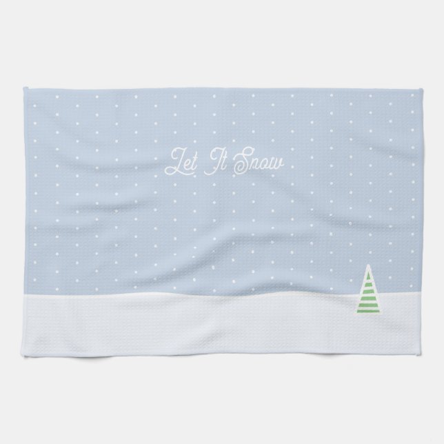 Let It Snow Tiny Winter Tree Ice Blue Polka Dots Kitchen Towel (Horizontal)