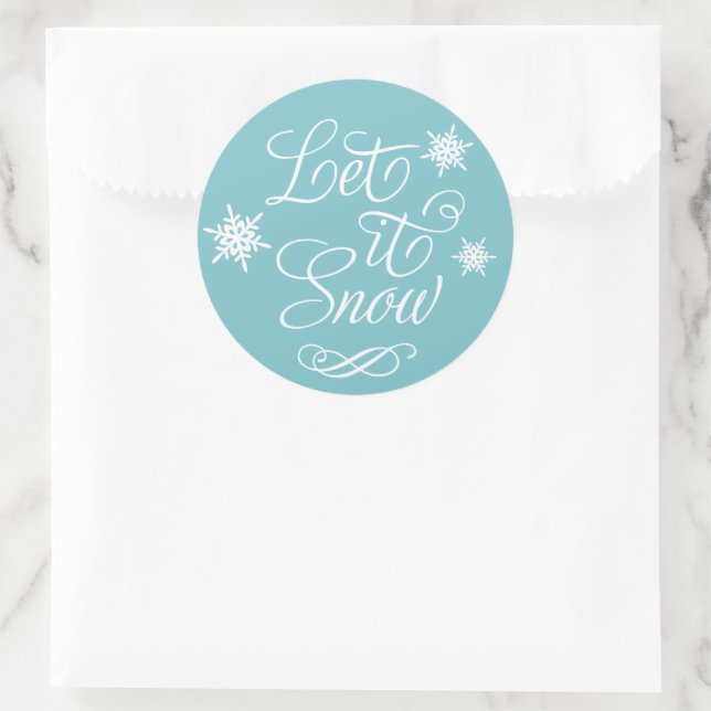 Let It Snow White Script Aqua Snowflake Classic Round Sticker (Bag)