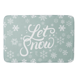 Let It Snow White Snowflakes Mint Green Holiday Bath Mat