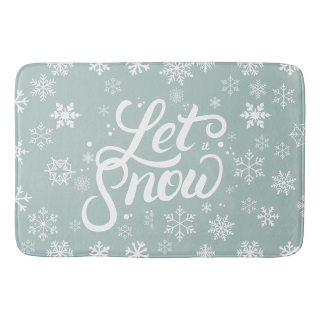 Let It Snow White Snowflakes Mint Green Holiday Bath Mat (Front)