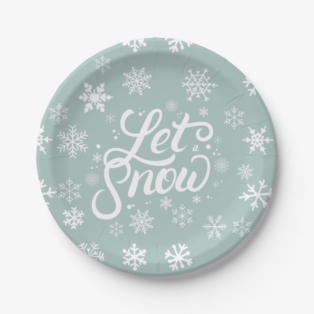 Let It Snow White Snowflakes Mint Green Holiday Paper Plate (Front)