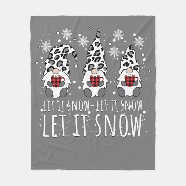 LET IT SNOW Winter Gnome - Leopard Buffalo Plaid Fleece Blanket (Front)