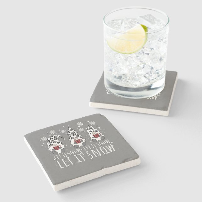 LET IT SNOW Winter Gnome - Leopard Buffalo Plaid Stone Coaster (Side)