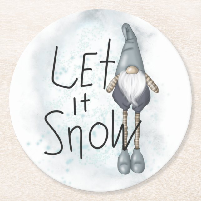 Let it Snow Winter Gnome Round Paper Coaster (Front)
