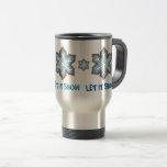 Let It Snow Winter Holiday Blue Snowflake Hanukkah Travel Mug<br><div class="desc">Great for gifting! Travel mug design features an original marker illustration of a row of blue snowflake sugar cookies. Great for the winter holidays.

Don't see what you're looking for? Need help with customization? Click "contact this designer" to have something created just for you!</div>