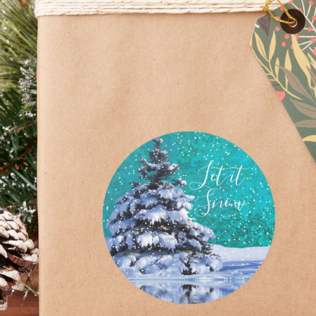 Let it snow winter tree teal blue white classic round sticker (Creator Uploaded)