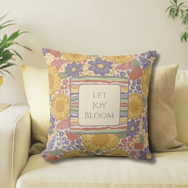 Let Joy Bloom Reversible Throw Pillow (Let Joy Bloom Reversible Throw Pillow – Editable Inspirational Quote – Floral Stripe Cottagecore Dec)