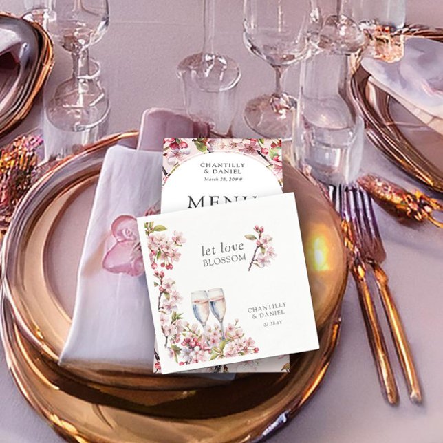 Let Love Blossom Pink Cherry Tree Flowers Wedding Napkin (Let love blossom, spring wedding napkins from the Cherry Blossom wedding collection by Darling & May)