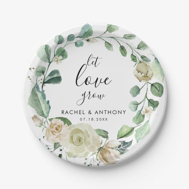 Let Love Grow Boho Chic Wedding Floral Wreath Paper Plate (Front)
