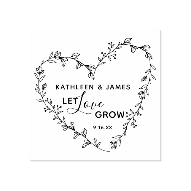 Let Love Grow Floral Heart Wreath Wedding Rubber Stamp (Imprint)
