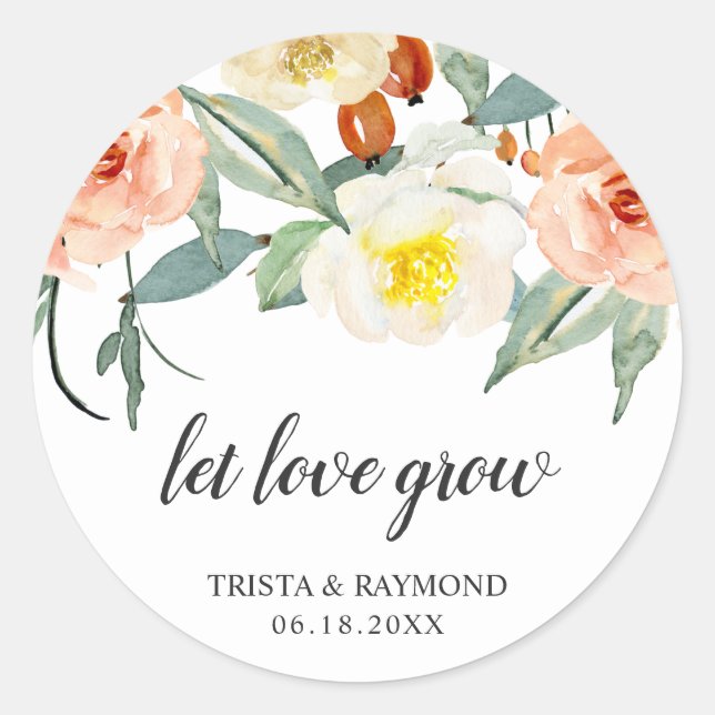 Let Love Grow Peach Floral Wedding Favour Classic Round Sticker (Front)