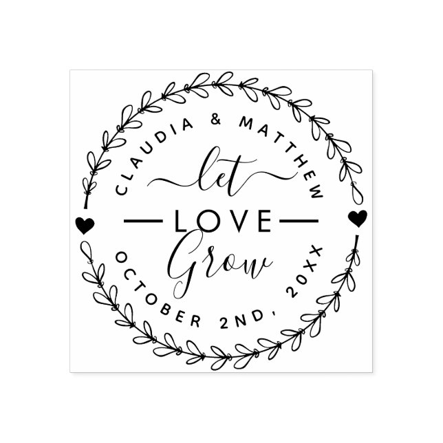 Let Love Grow Round Wreath Elegant Wedding Date Rubber Stamp (Imprint)
